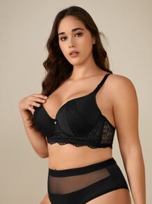 Plus Contrast Mesh Lace Trim Underwire Bra - Black - View 4