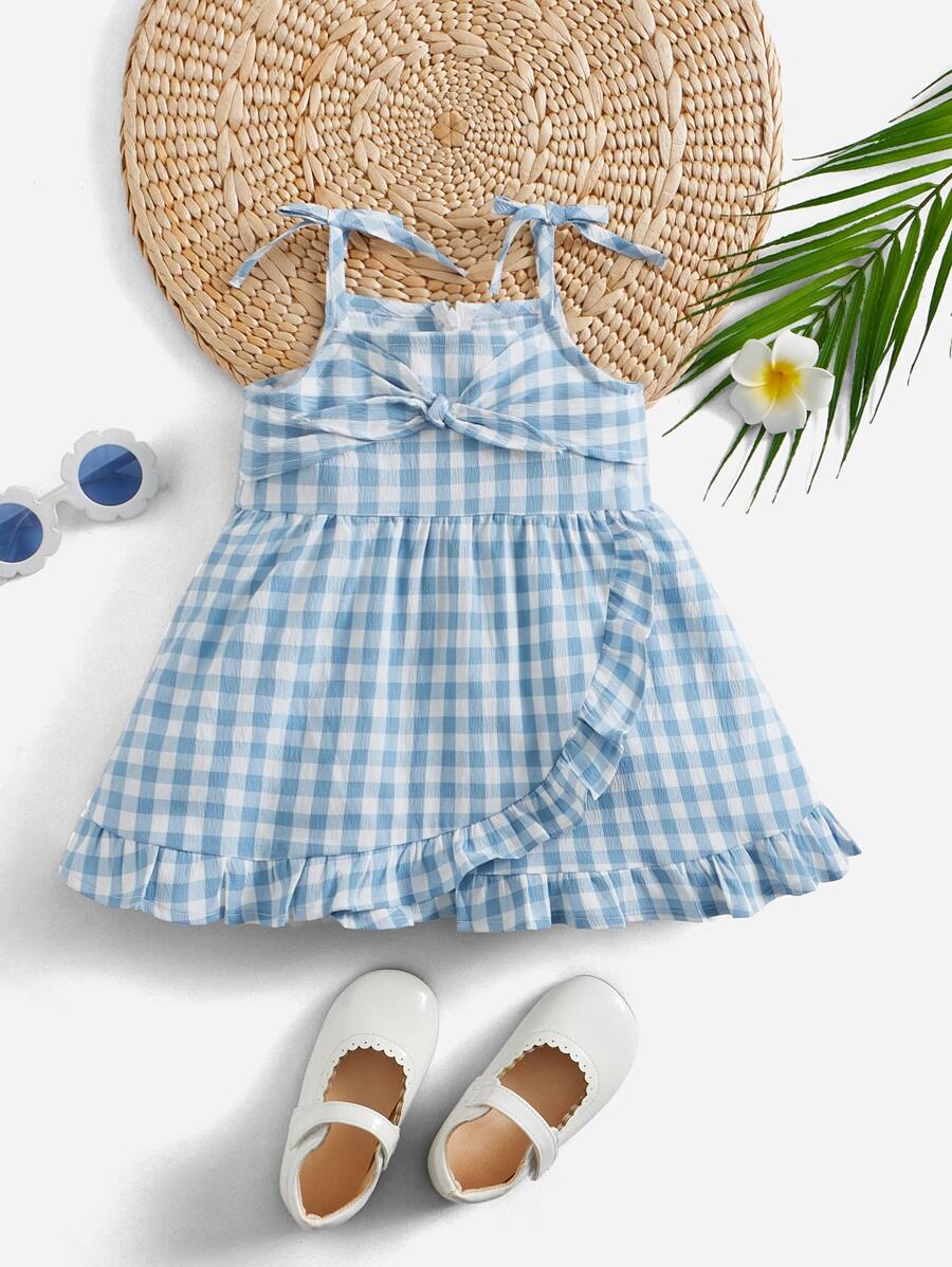 SHEIN 嬰兒雙色格子前打結荷葉邊圍裹式洋裝 - 藍白色 - 查看 1