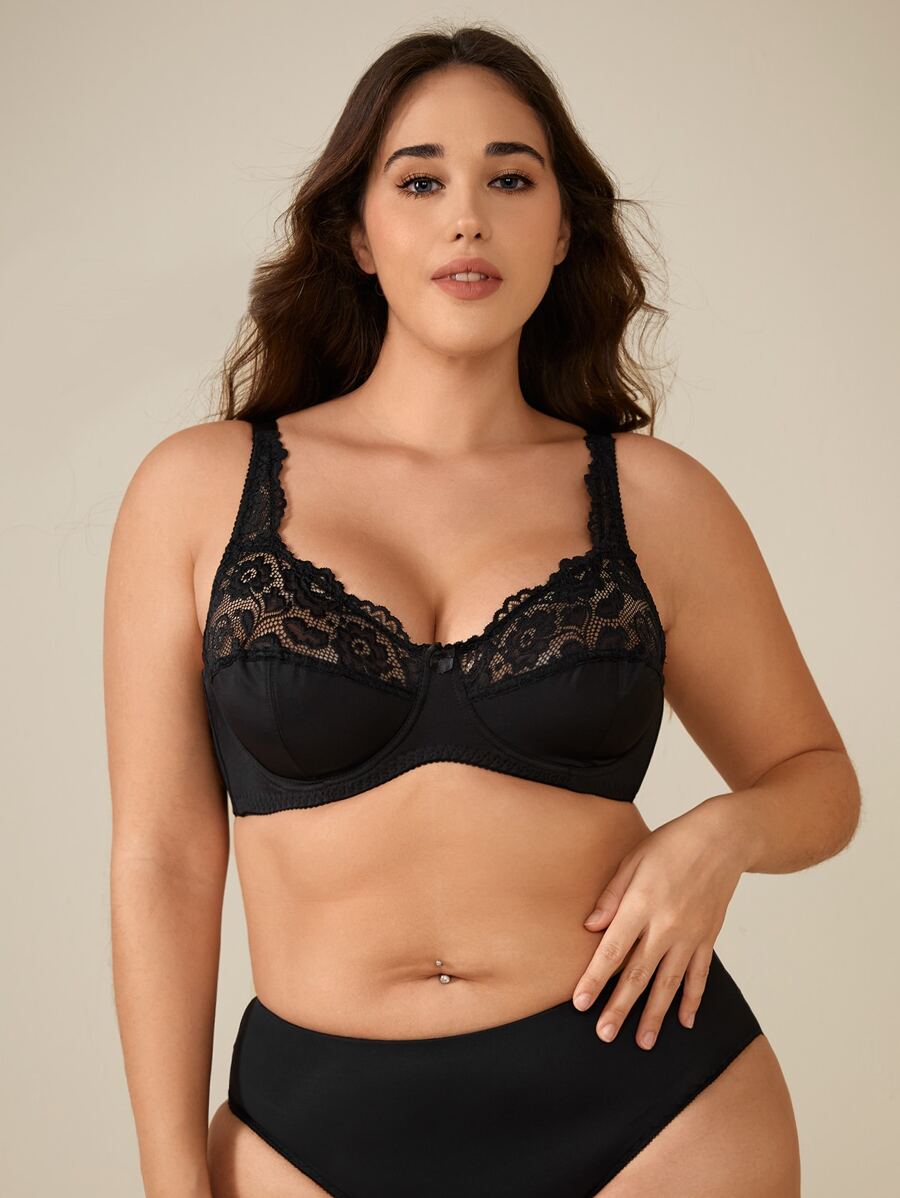 Plus Size Contrast Lace Underwire Full Coverage Sexy Bra, Lingerie - Black - View 1