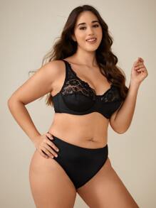 Plus Size Contrast Lace Underwire Full Coverage Sexy Bra, Lingerie - Black - View 3
