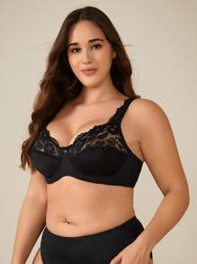 Plus Size Contrast Lace Underwire Full Coverage Sexy Bra, Lingerie - Black - View 4