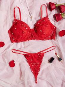 Plus Floral Embroidery Mesh Underwire Lingerie Set - Red - View 1