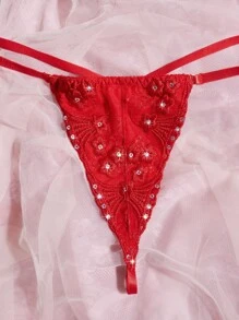 Plus Floral Embroidery Mesh Underwire Lingerie Set - Red - View 4