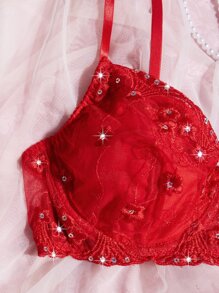 Plus Floral Embroidery Mesh Underwire Lingerie Set - Red - View 5