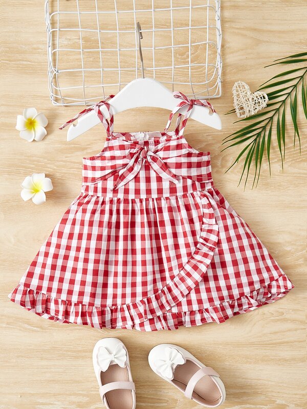 SHEIN 嬰兒雙色格子前打結荷葉邊圍裹式連衣裙