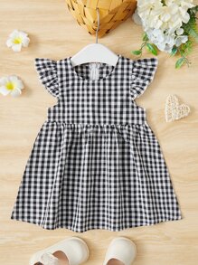 SHEIN 嬰兒格子圖案蝴蝶袖洋裝 - 黑色 - 查看 1