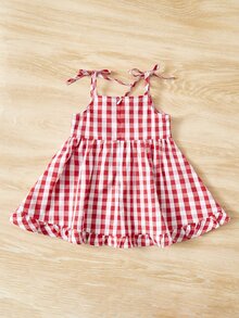 SHEIN 嬰兒雙色格子前打結荷葉邊圍裹式連衣裙 - 紅白色 - 查看 2