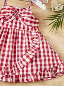 SHEIN 嬰兒雙色格子前打結荷葉邊圍裹式連衣裙 - 紅白色 - 查看 3