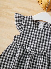 SHEIN 嬰兒格子圖案蝴蝶袖洋裝 - 黑色 - 查看 3