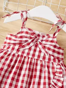 SHEIN 嬰兒雙色格子前打結荷葉邊圍裹式連衣裙 - 紅白色 - 查看 4