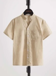 SHEIN Boys Notched Neck Shirt - Khaki - View 1