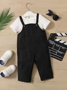 SHEIN 男嬰補丁貼口袋背帶褲不帶T恤 - 黑色 - 查看 1