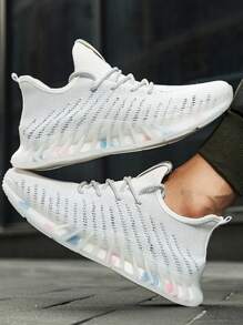 Men Lace Up Decor Knit Running Shoes - White - View 1