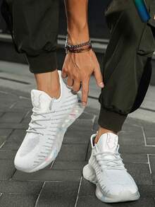 Men Lace Up Decor Knit Running Shoes - White - View 3