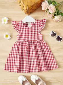 SHEIN Baby Girl Plaid Pattern Flutter Sleeve Dress, Comfortable, Cute And Sweet, Suitable For Summer - Red - View 1