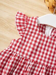 SHEIN Baby Girl Plaid Pattern Flutter Sleeve Dress, Comfortable, Cute And Sweet, Suitable For Summer - Red - View 3