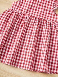 SHEIN Baby Girl Plaid Pattern Flutter Sleeve Dress, Comfortable, Cute And Sweet, Suitable For Summer - Red - View 4
