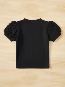 SHEIN Baby Girl Textured Puff Sleeve Tee - Black - View 2