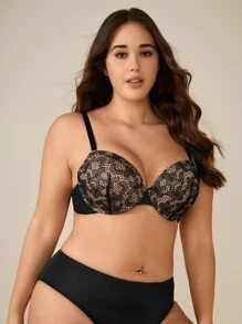 Plus Floral Lace Underwire Bra - Black - View 3