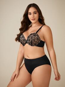Plus Floral Lace Underwire Bra - Black - View 4