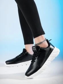 Letter Patch Decor Lace-up Front Running Shoes - Black - View 1