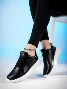 Letter Patch Decor Lace-up Front Running Shoes - Black - View 2