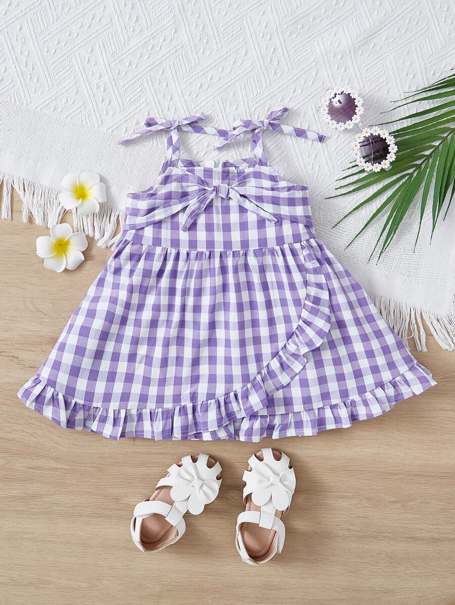 SHEIN Baby Gingham Knot Front Ruffle Hem Wrap Dress - Lilac Purple - View 1