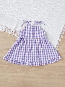 SHEIN Baby Gingham Knot Front Ruffle Hem Wrap Dress - Lilac Purple - View 2