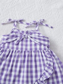 SHEIN Baby Gingham Knot Front Ruffle Hem Wrap Dress - Lilac Purple - View 3