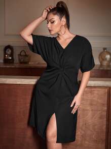 SHEIN Privé Đầm Plus Size Chia xoắn lại màu trơn Thanh lịch - màu đen - Xem 5