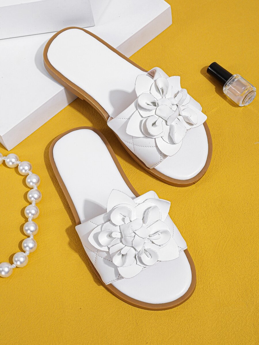 Chicas Zapatillas aplique floral - Blanco - Ver 1