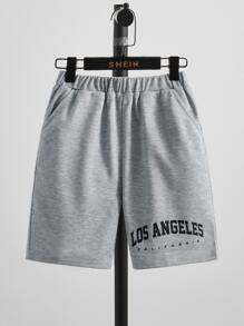 SHEIN 男孩夏季彈性腰抽繩印花運動短褲兩側斜口袋