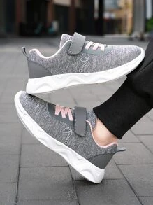 Sporty Running Shoes For Girls, Hook-and-loop Fastener Strap Sneakers - Grey - View 2