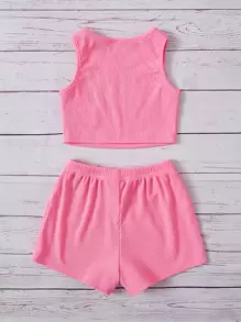 Baby Girl Letter Graphic Tank Top & Tie Front Shorts - Pink - View 5