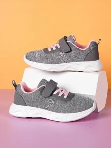 Sporty Running Shoes For Girls, Hook-and-loop Fastener Strap Sneakers - Grey - View 3