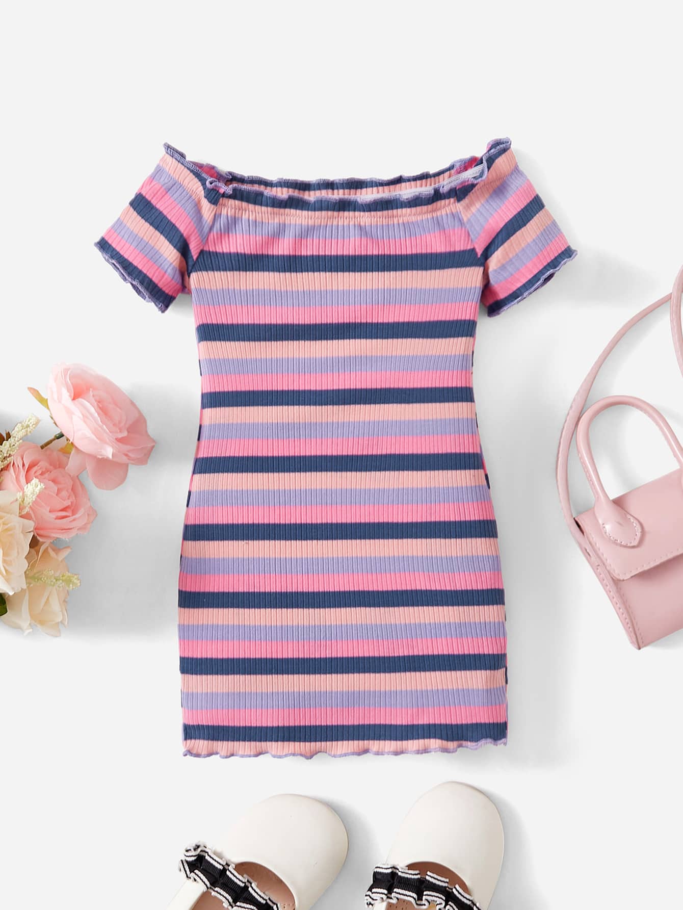 SHEIN Đầm em bé Xù nhỏ Gân đan Sọc - Nhiều màu - Xem 1