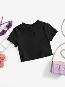 SHEIN Baby Heart Cut Out Lettuce Trim Top - Black - View 1