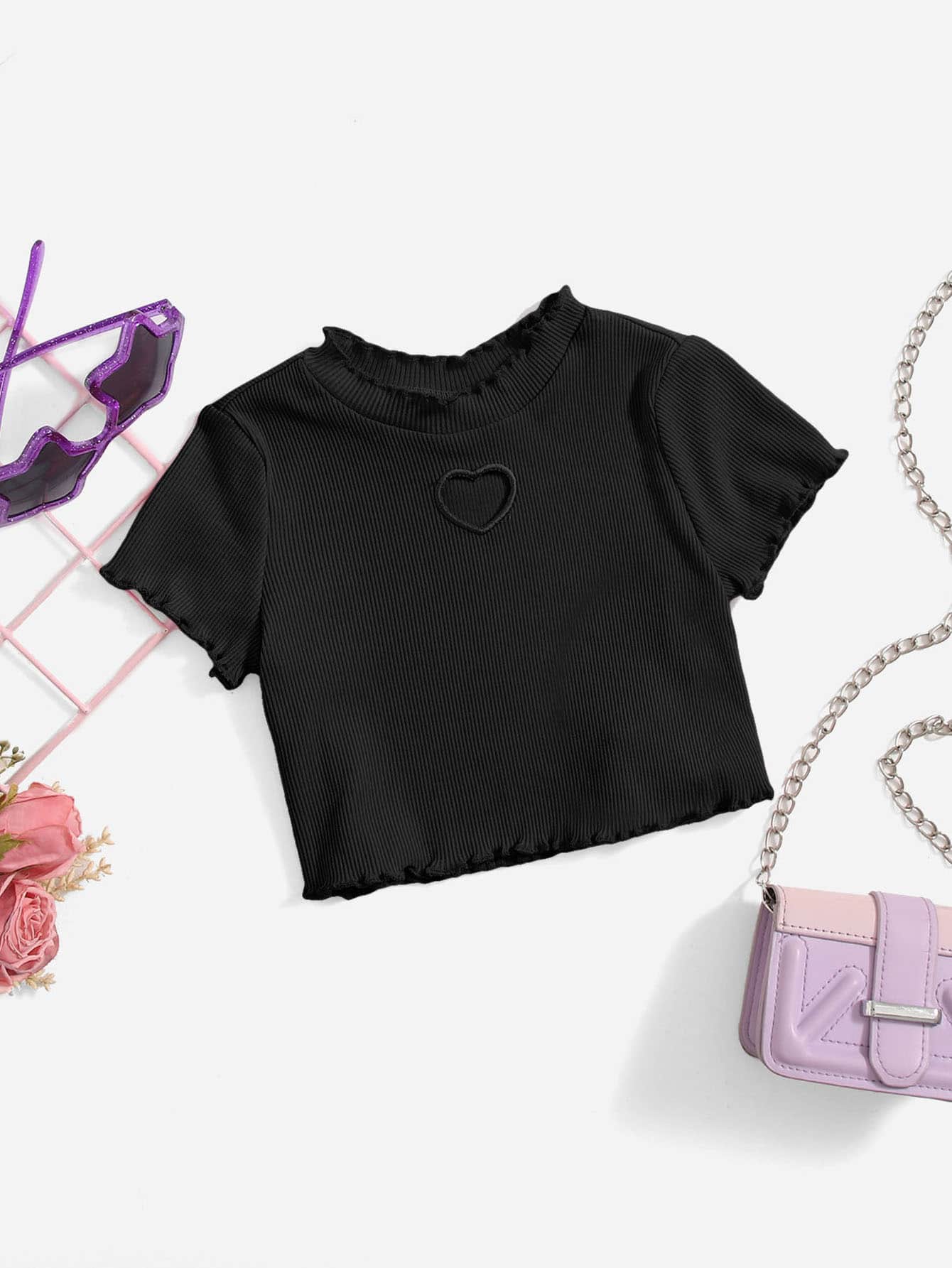 SHEIN Baby Heart Cut Out Lettuce Trim Top - Black - View 1