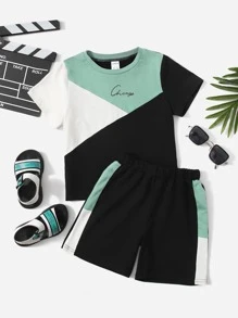 SHEIN Toddler Boys Colourblock Tee & Shorts Set - Multicolor - View 1