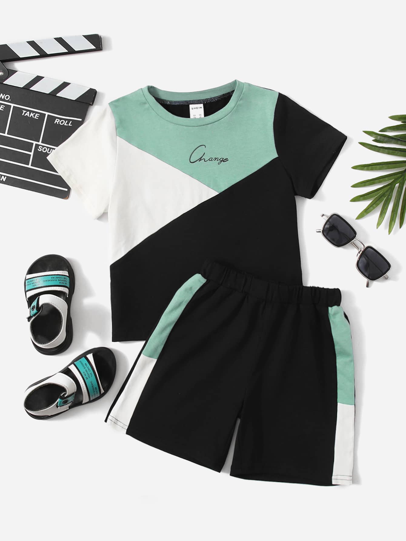 SHEIN Toddler Boys Colourblock Tee & Shorts Set - Multicolor - View 1