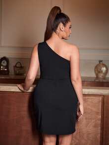 SHEIN SXY Plus One Shoulder Mesh Insert Bodycon Dress - Black - View 2