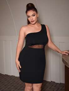 SHEIN SXY Plus One Shoulder Mesh Insert Bodycon Dress - Black - View 4