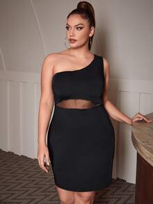 SHEIN SXY Plus One Shoulder Mesh Insert Bodycon Dress - Black - View 5