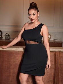 SHEIN SXY Plus One Shoulder Mesh Insert Bodycon Dress - Black - View 6