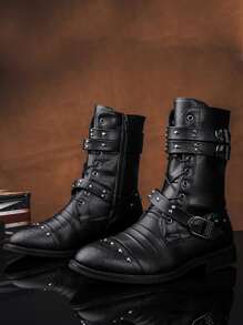 Men Buckle & Studded Decor Lace-up Front Zipper Side Combat Boots - Black - View 1