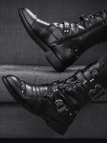 Men Buckle & Studded Decor Lace-up Front Zipper Side Combat Boots - Black - View 3