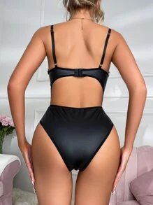 Fuzzy Trim Cutout Backless PU Leather Underwire Teddy Bodysuit - Black - View 2