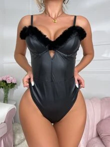 Fuzzy Trim Cutout Backless PU Leather Underwire Teddy Bodysuit - Black - View 5