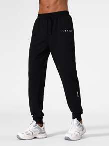 Men Letter Graphic Drawstring Waist Sports Trousers - Black - View 1