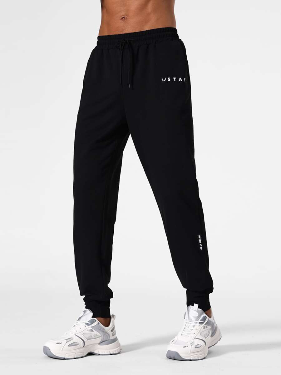 Men Letter Graphic Drawstring Waist Sports Trousers - Black - View 1